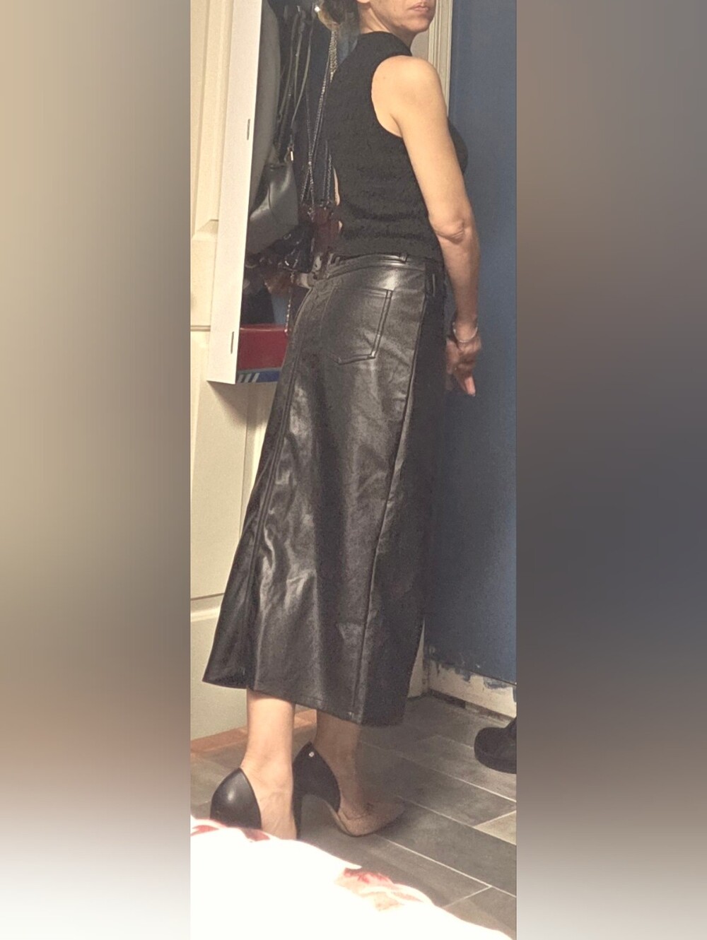 Classic Black Faux Leather Pencil Skirt with Center Slit